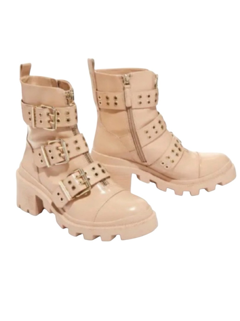 Alice + Olivia - NIB Hali Almond Gold Buckle Combat Boots Sz 7 / 37